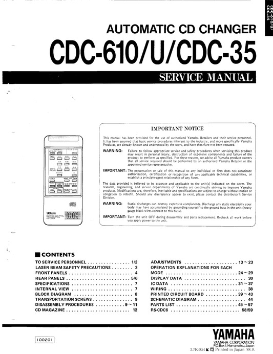 Yamaha CDC-35, CDC-610 & CDC-610U CD Player/ Changer Service Manual (Pages: 61)
