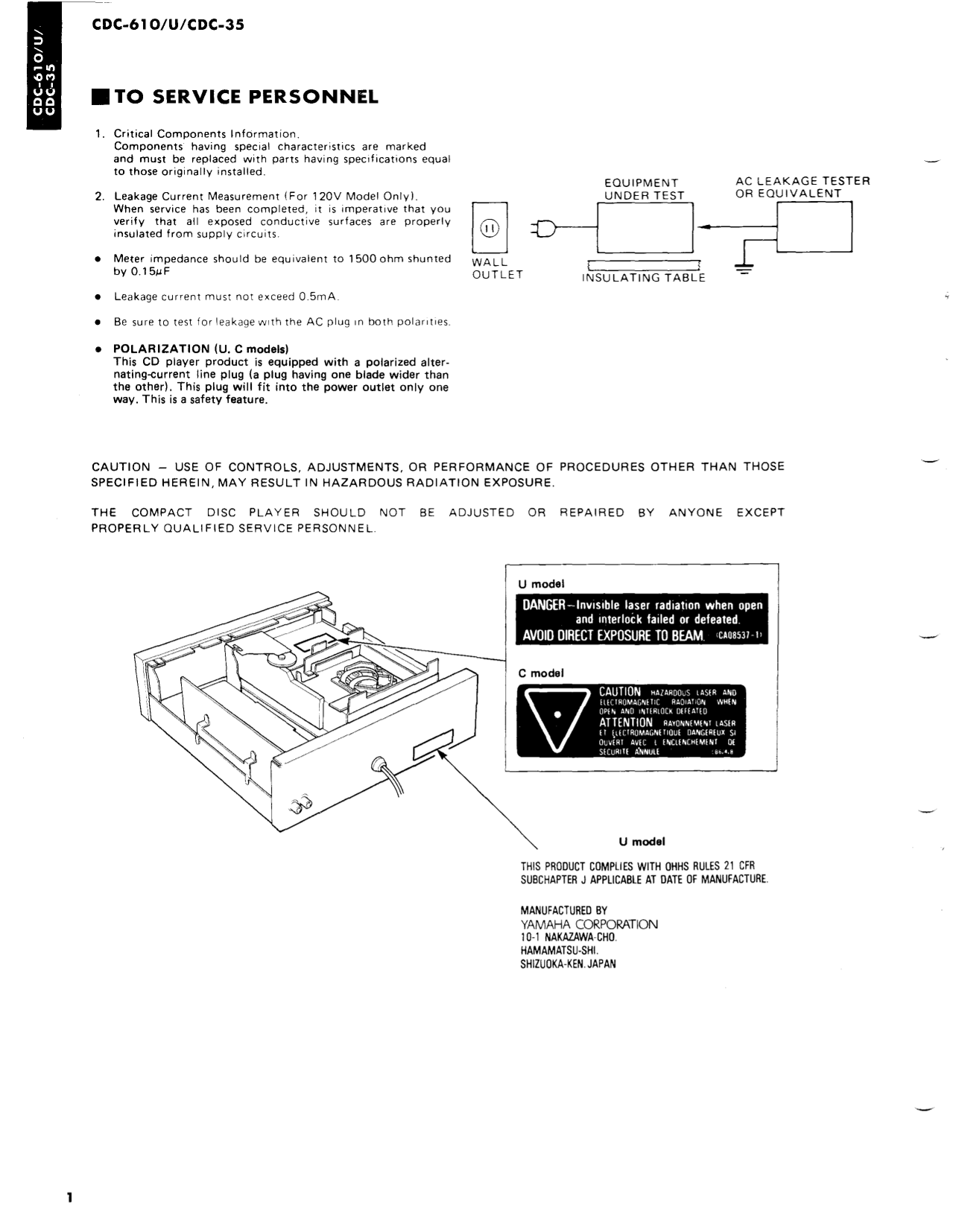 Yamaha CDC-35, CDC-610 & CDC-610U CD Player/ Changer Service Manual (Pages: 61)