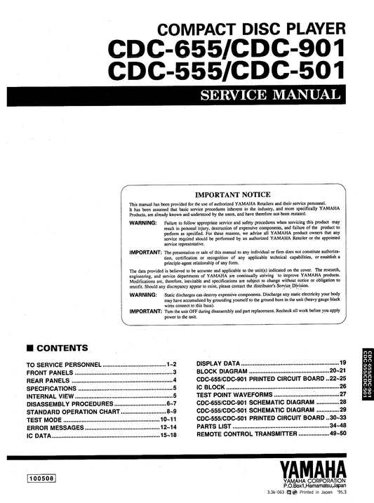 Yamaha CDC-501, CDC-555, CDC-655 & CDC-901 CD Player Service Manual (Pages: 48)