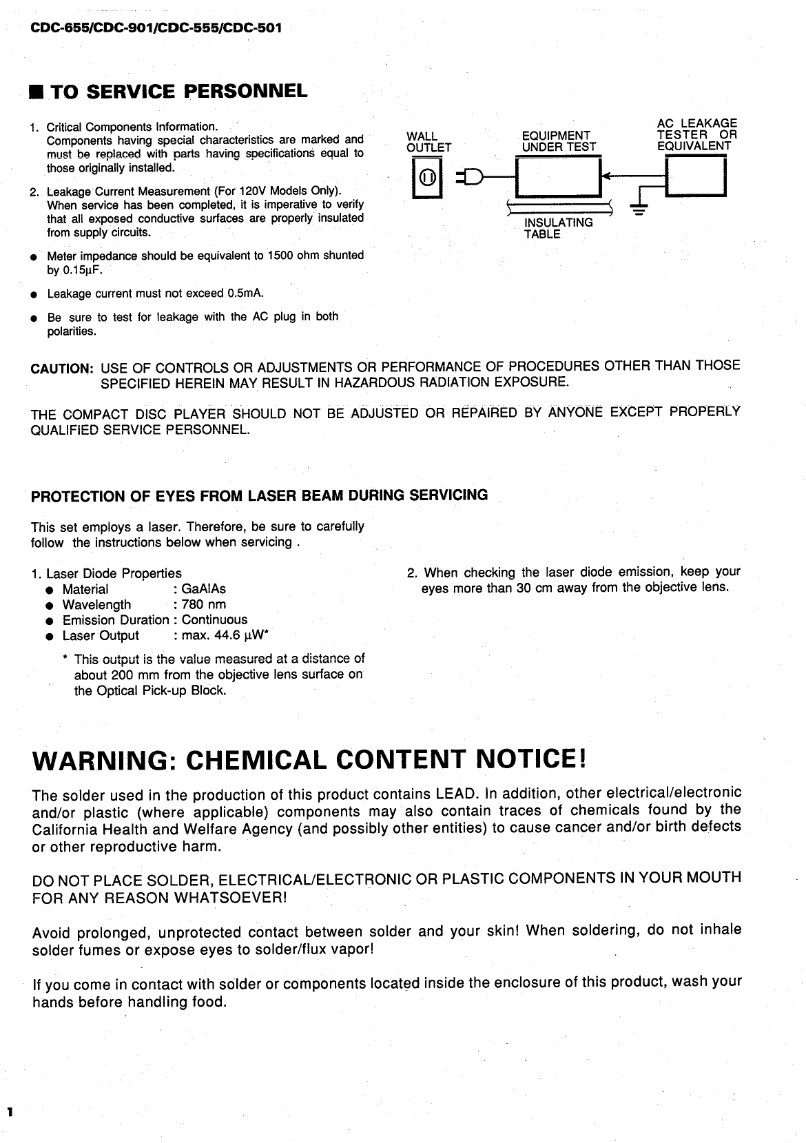 Yamaha CDC-501, CDC-555, CDC-655 & CDC-901 CD Player Service Manual (Pages: 48)