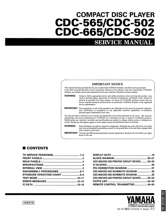 Yamaha CDC-502, CDC-565, CDC-665 & CDC-902 CD Player Service Manual (Pages: 42)