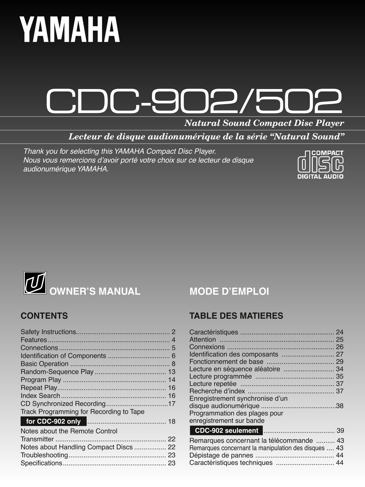 Yamaha CDC-502 & CDC-902 CD Player Owner's/ User Manual (Pages: 24)