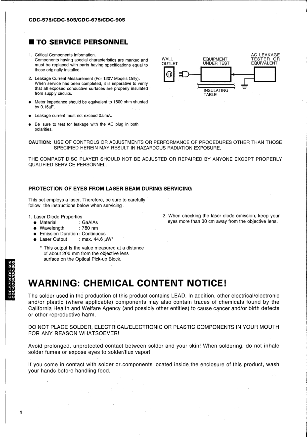 Yamaha CDC-505, CDC-575, CDC-675 & CDC-905 CD Player Service Manual (Pages: 50)