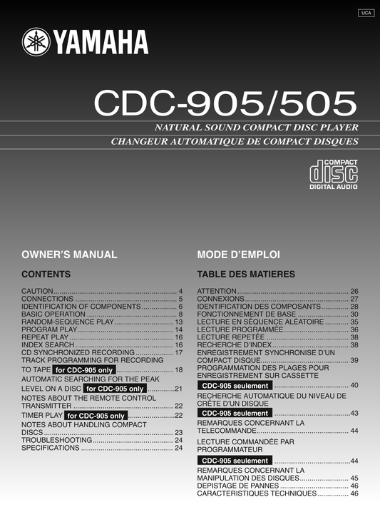 Yamaha CDC-505 & CDC-905 CD Player Owner's/ User Manual (Pages: 24)