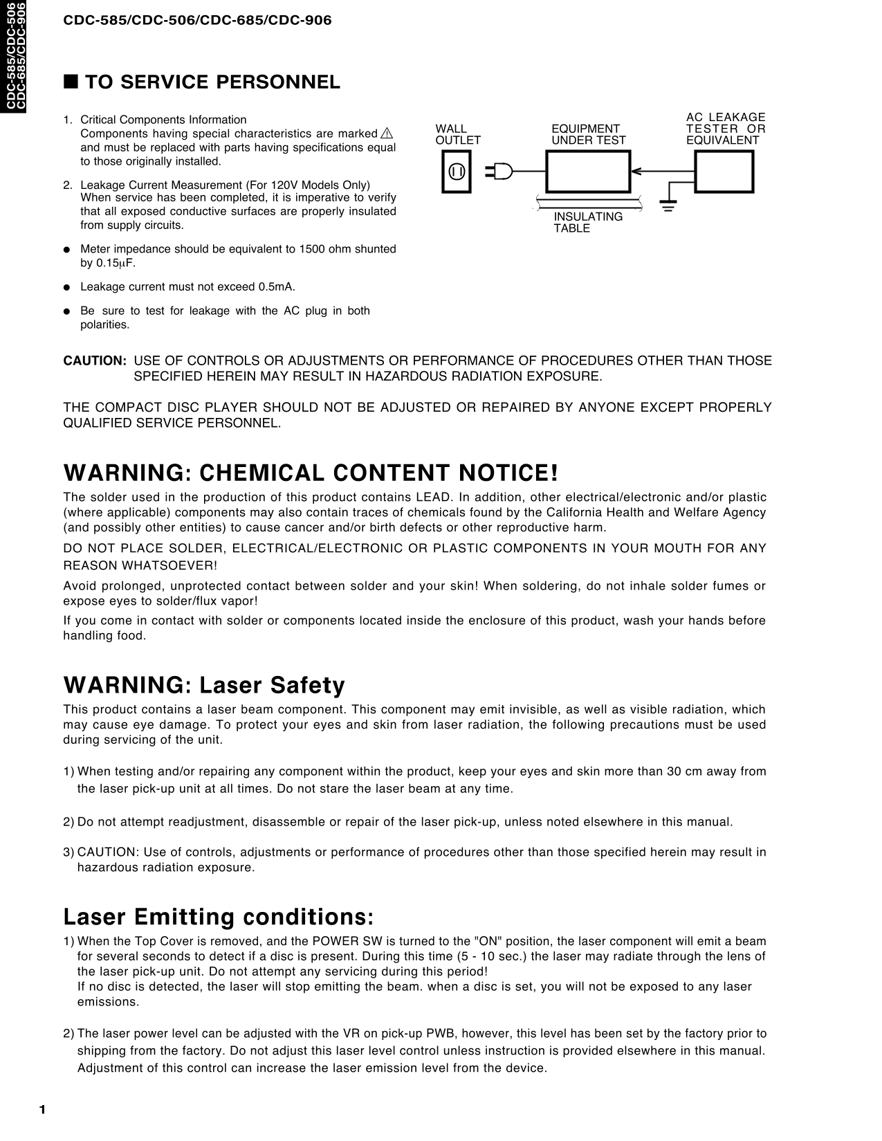 Yamaha CDC-506, CDC-585, CDC-685 & CDC-906 CD Player Service Manual (Pages: 48)