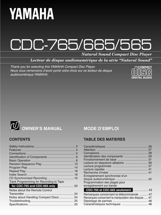 Yamaha CDC-565, CDC-665 & CDC-765 CD Player Owner's/ User Manual (Pages: 26)