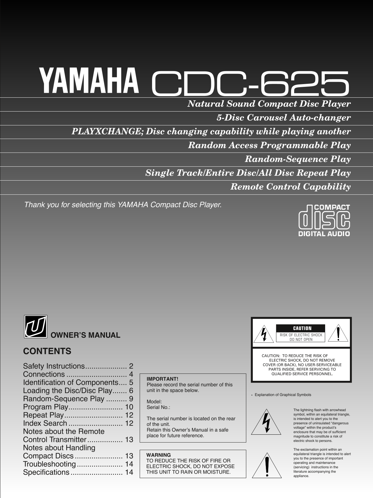 Yamaha CDC-625 CD Player Owner's/ User Manual (Pages: 15)