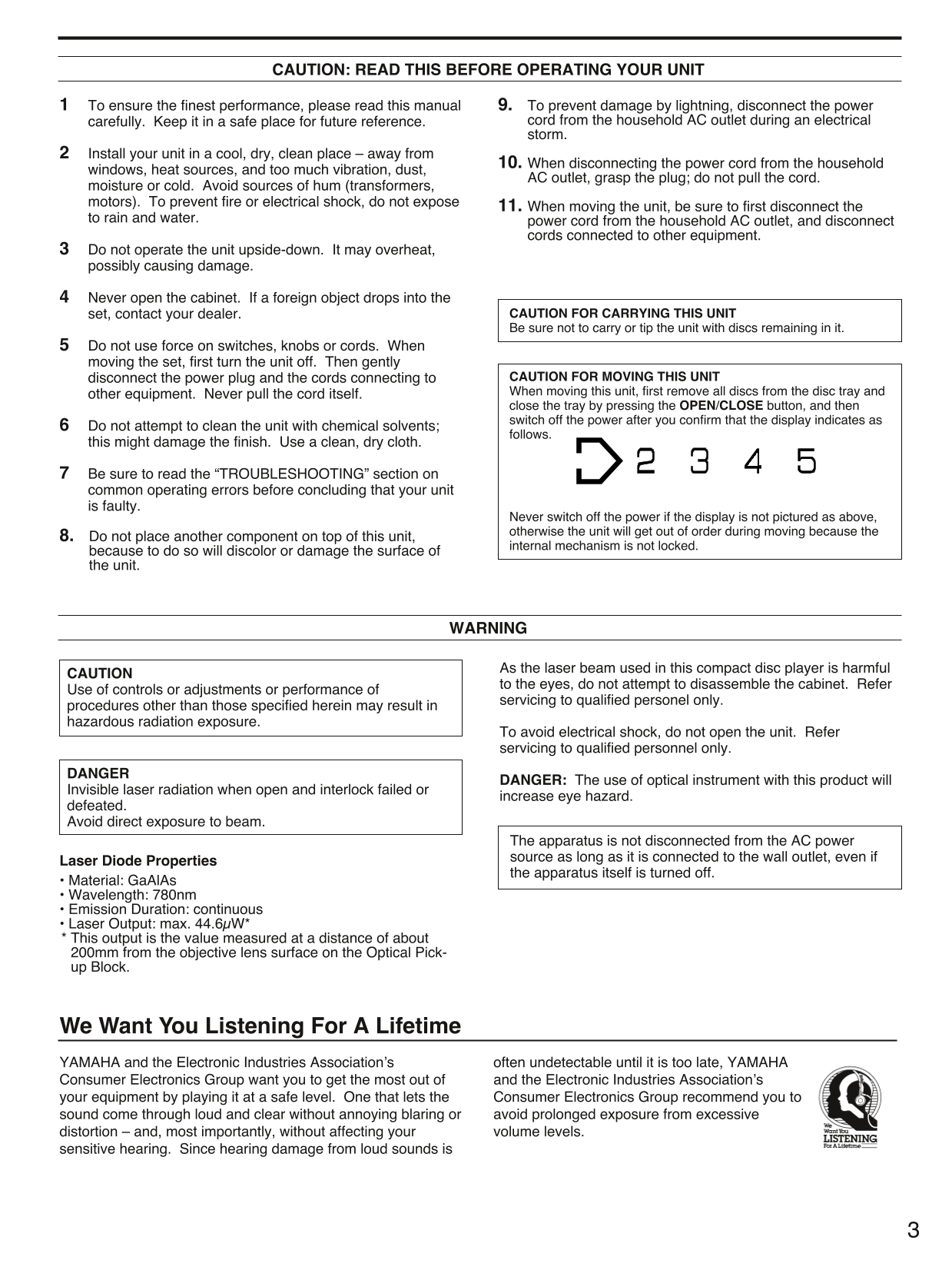 Yamaha CDC-625 CD Player Owner's/ User Manual (Pages: 15)