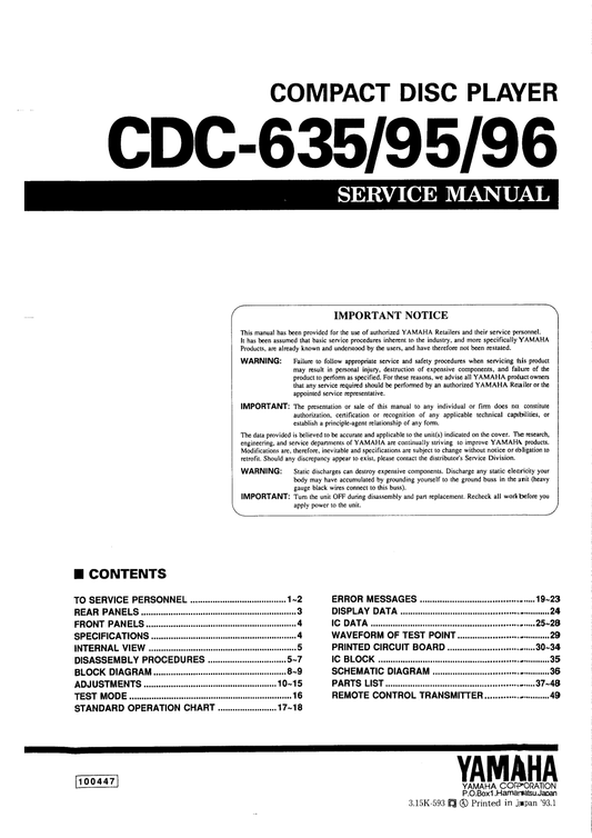 Yamaha CDC-635, CDC-95 & CDC-96 CD Player Service Manual (Pages: 49)