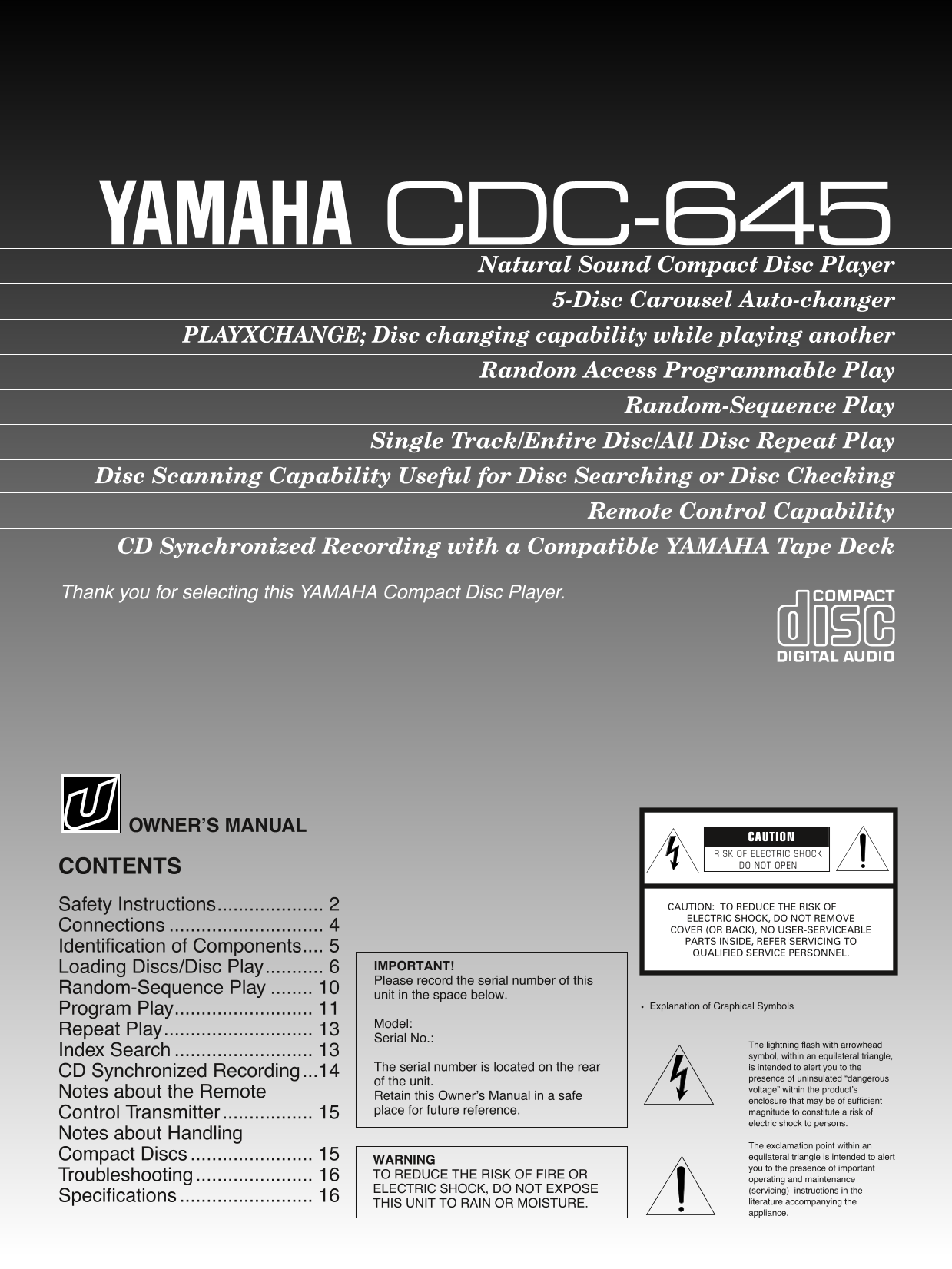 Yamaha CDC-645 CD Player Owner's/ User Manual (Pages: 16)