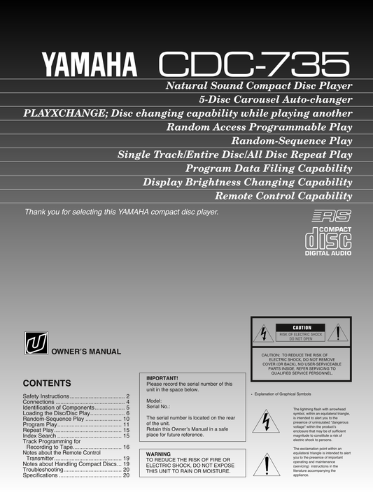 Yamaha CDC-735 CD Player Owner's/ User Manual (Pages: 20)