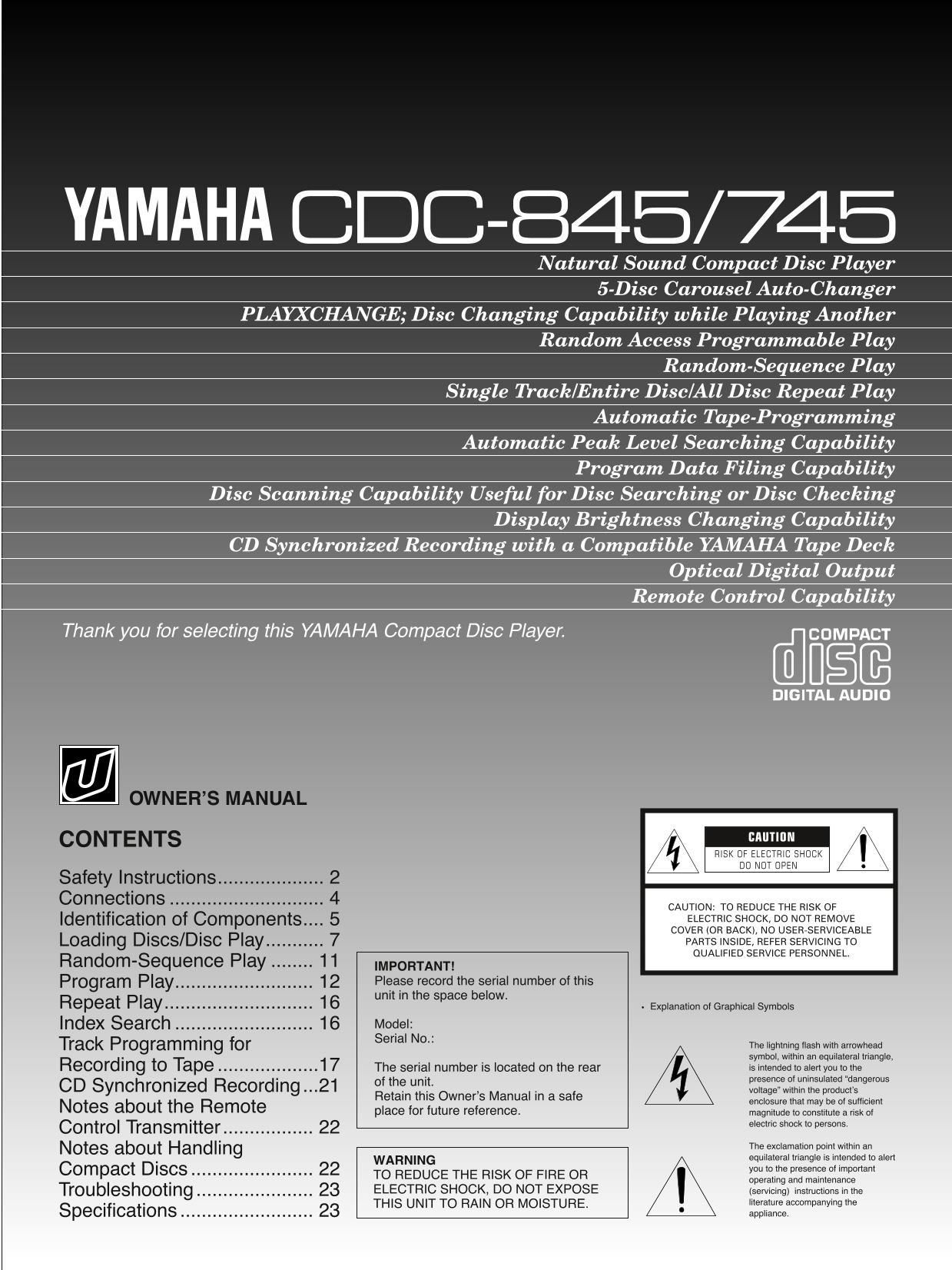 Yamaha CDC-745 & CDC-845 CD Player Owner's/ User Manual (Pages: 24)