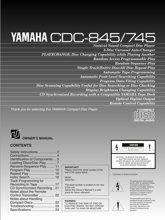 Yamaha CDC-745 & CDC-845 CD Player Owner's/ User Manual (Pages: 24)