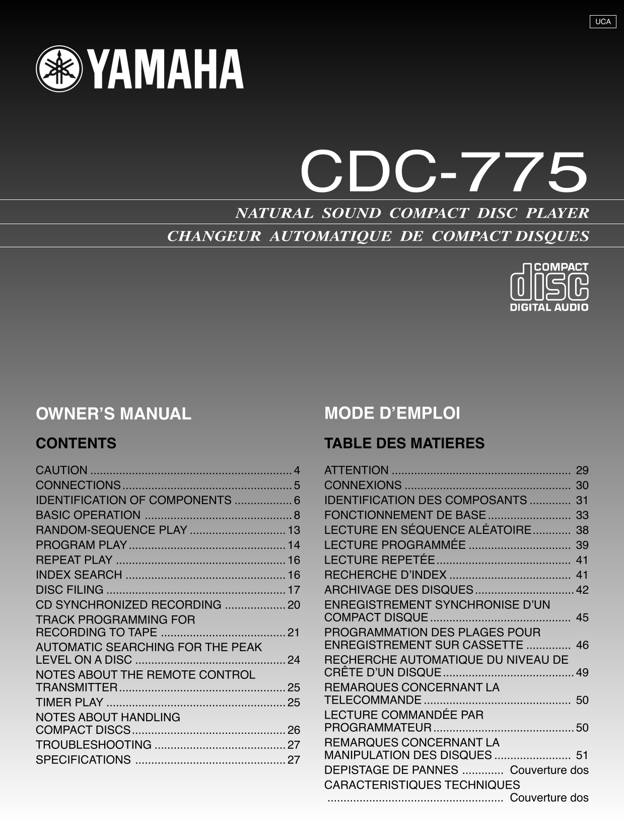 Yamaha CDC-775 CD Player Owner's/ User Manual (Pages: 28)