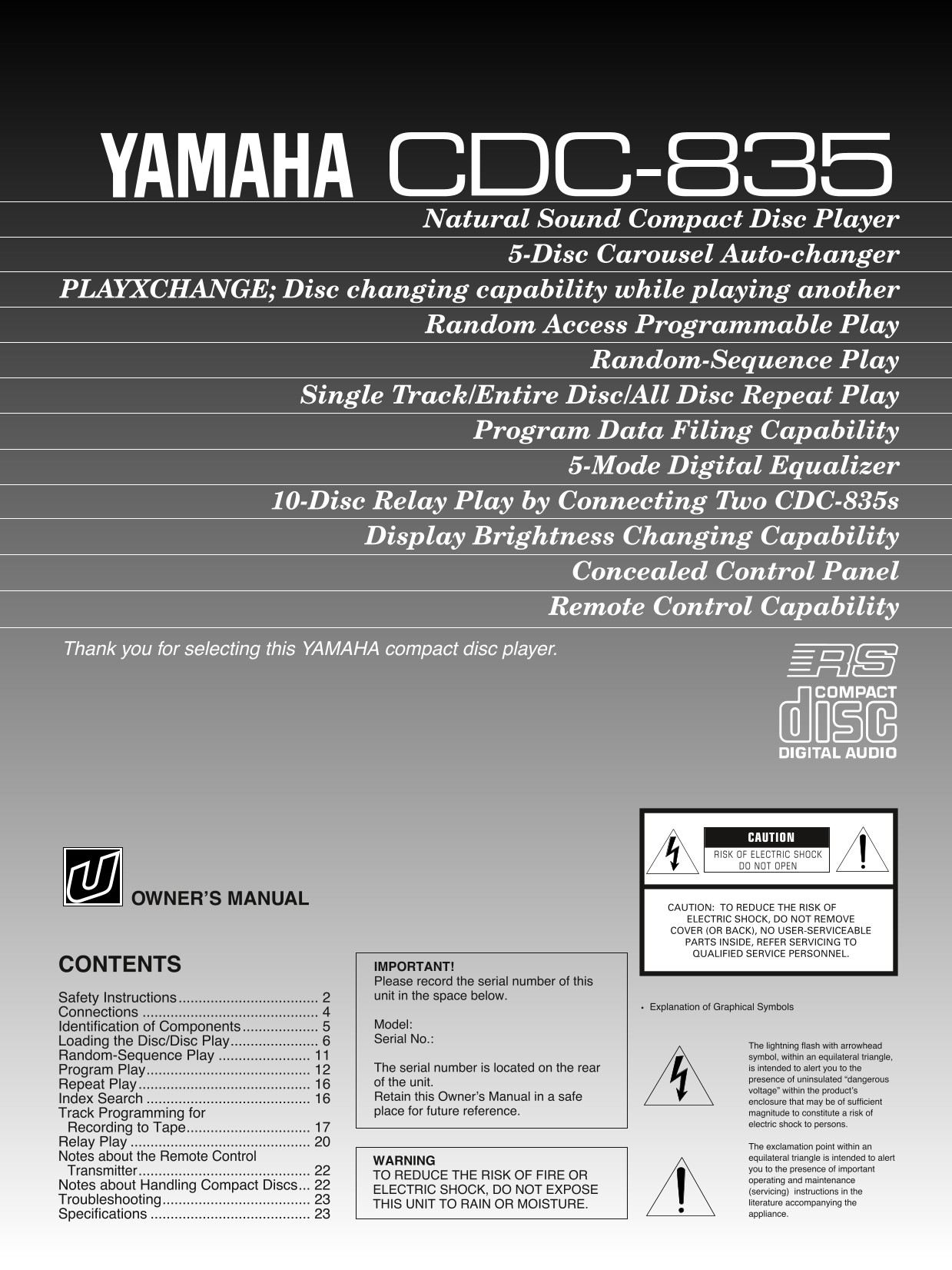 Yamaha CDC-835 CD Player Owner's/ User Manual (Pages: 24)