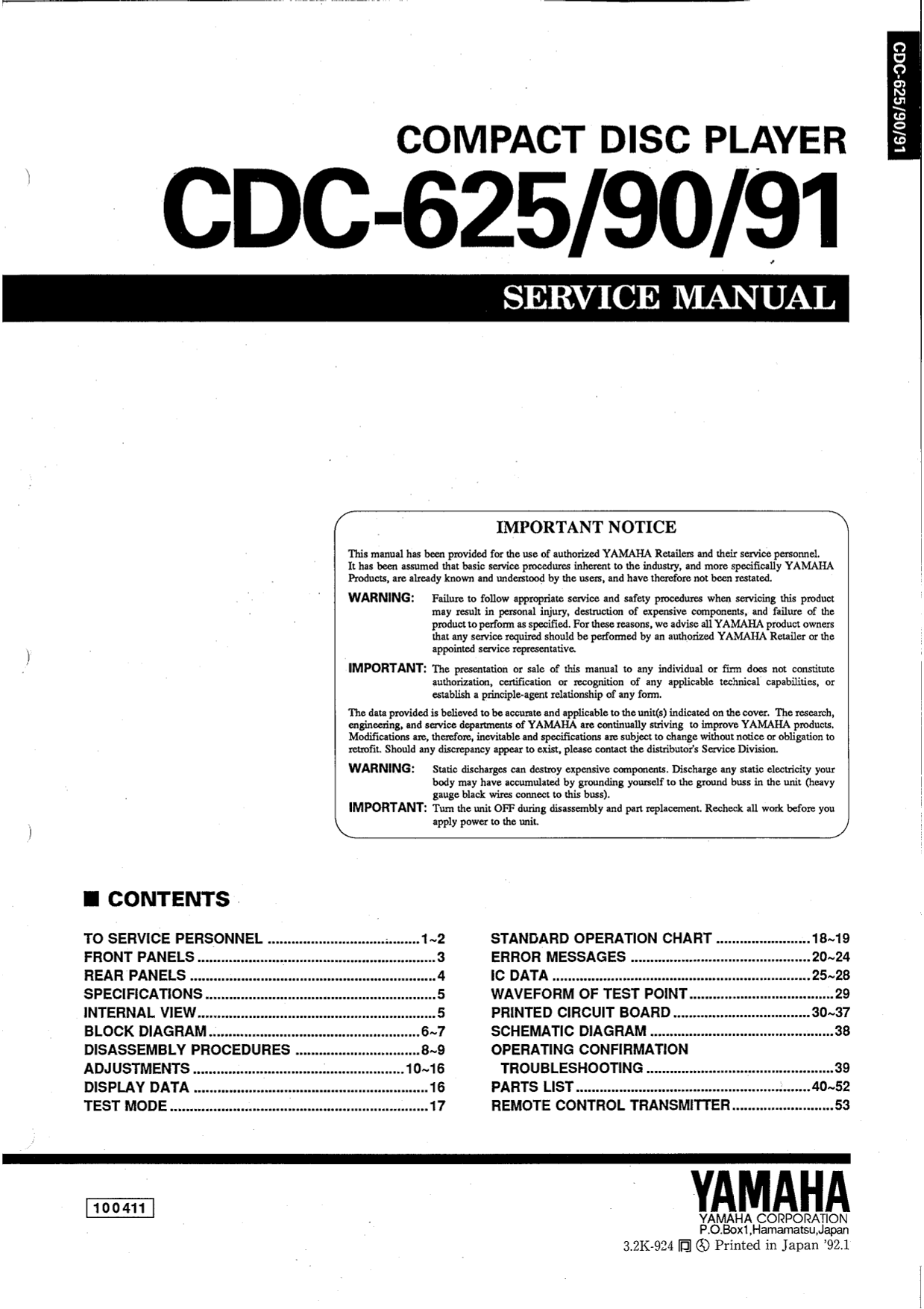 Yamaha CDC-90, CDC-91 & CDC-625 CD Player Service Manual (Pages: 48)