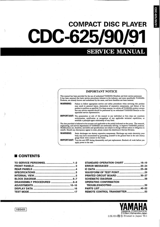 Yamaha CDC-90, CDC-91 & CDC-625 CD Player Service Manual (Pages: 48)