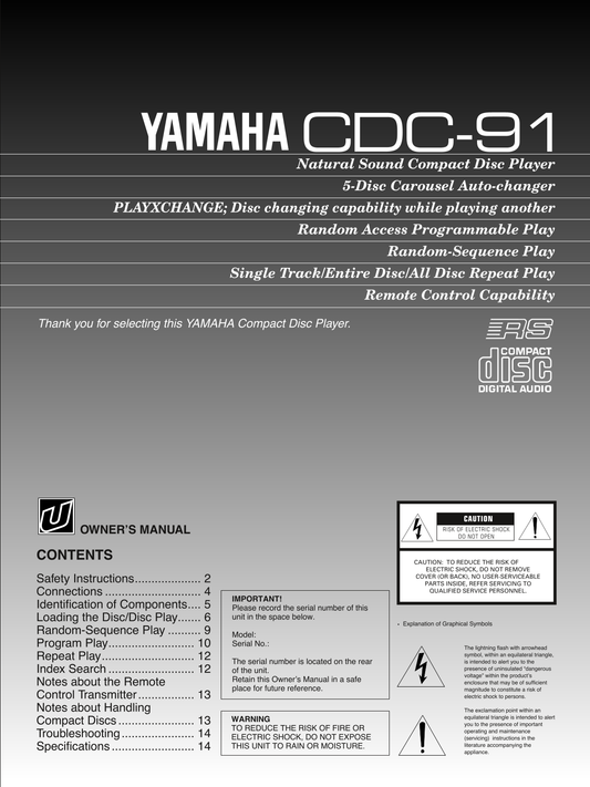 Yamaha CDC-91 CD Player Owner's/ User Manual (Pages: 15)