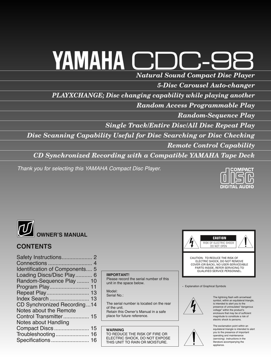 Yamaha CDC-98 CD Player Owner's/ User Manual (Pages: 16)