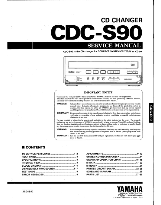 Yamaha CDC-S90 & CC-70W CD Player/ Changer Service Manual (Pages: 35)