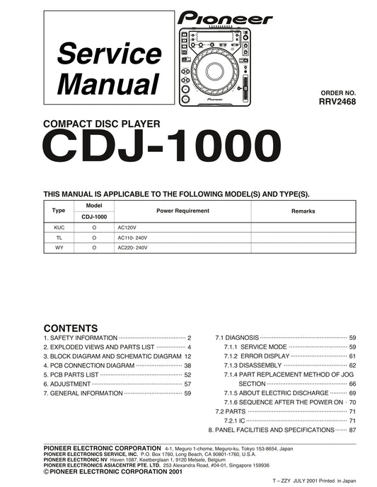 Pioneer CDJ-1000 CD Player Service Manual (Pages: 92)