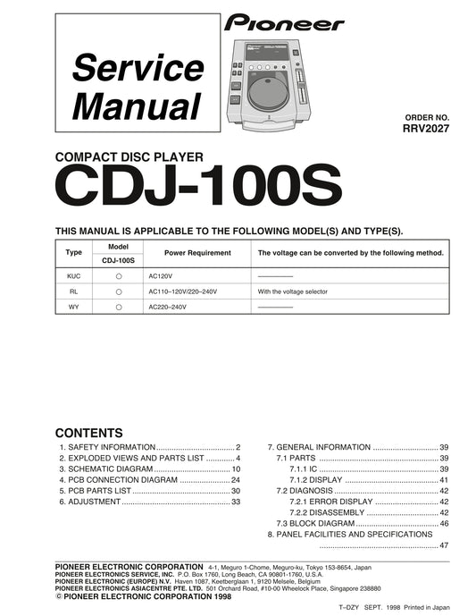 Pioneer CDJ-100S CD Player Service Manual (Pages: 48)