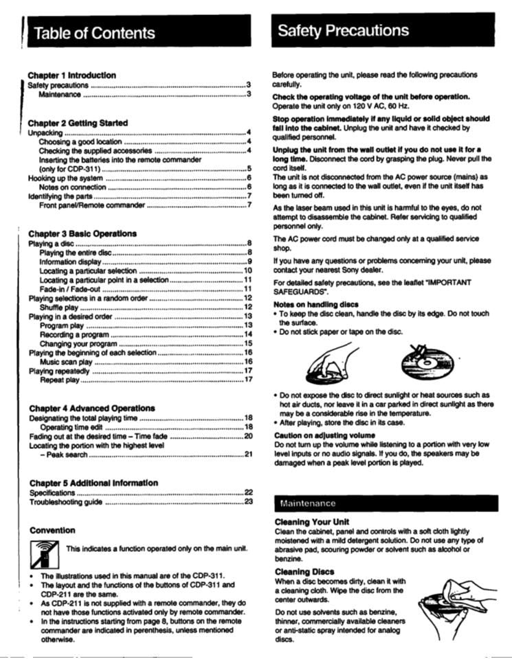 Sony CDP211 CDP311 Audio System Operating Manual