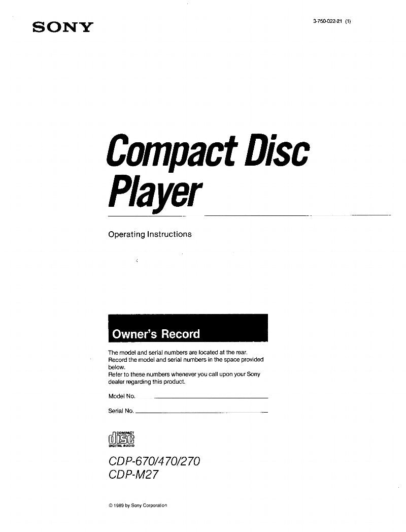 Sony CDP270 CDP470 CDP670 CD Player Operating Manual