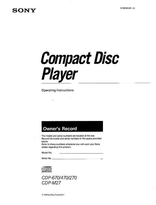 Sony CDP270 CDP470 CDP670 CD Player Operating Manual