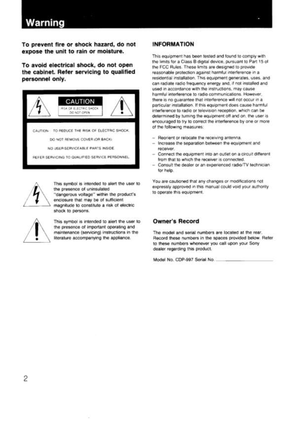 Sony CDP997 CD Player Operating Manual