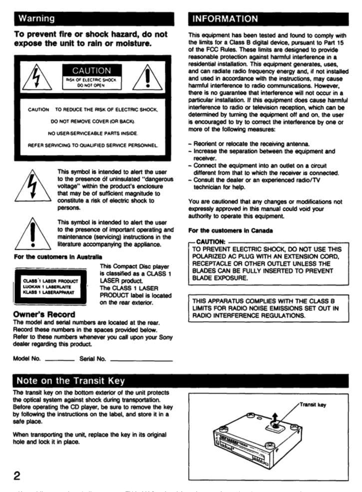 Sony CDPC225 CDPC235 CDPC245 CD Player Operating Manual