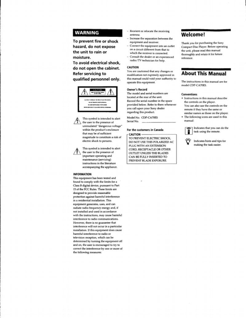 Sony CDPCA70ES Audio System Operating Manual