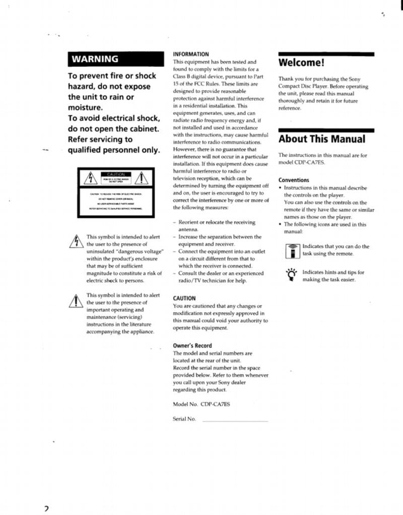 Sony CDPCA7ES CD Player Operating Manual