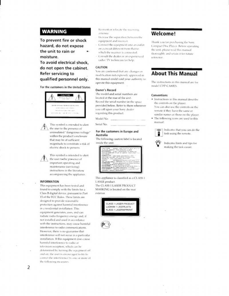 Sony CDPCA80ES Audio System Operating Manual