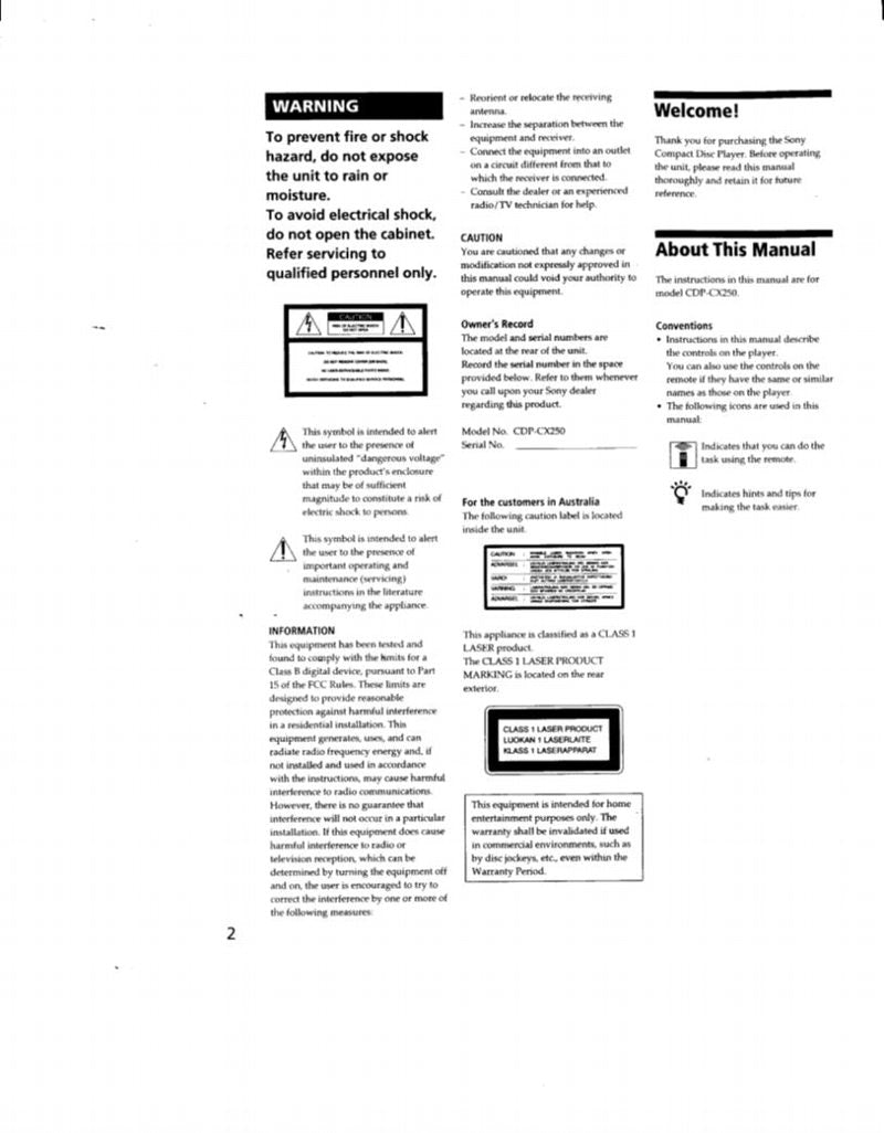 Sony CDPCX250 CD Player Operating Manual