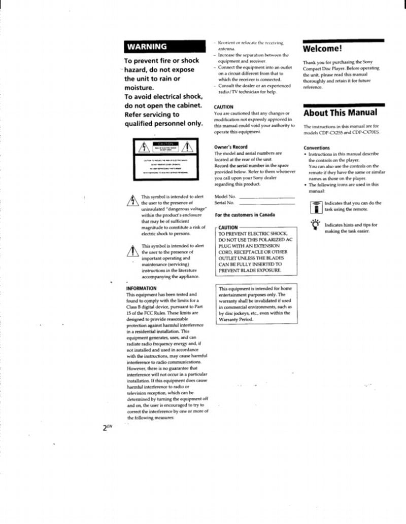 Sony CDPCX255 CDPCX70ES TV Operating Manual