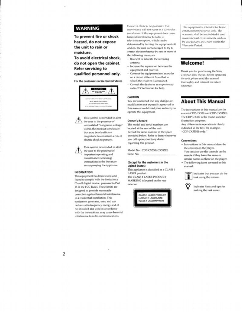 Sony CDPCX350 CDPCX555ES rmdx350 Audio/Video Receiver Operating Manual