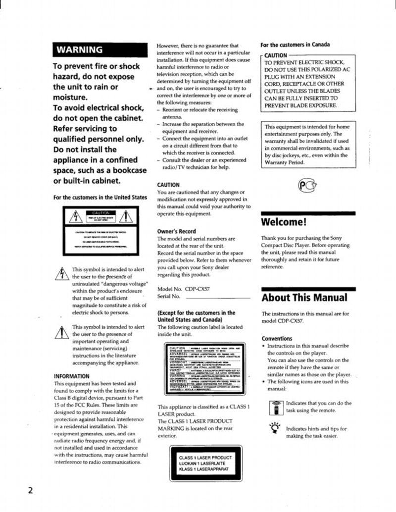 Sony CDPCX57 Audio System Operating Manual