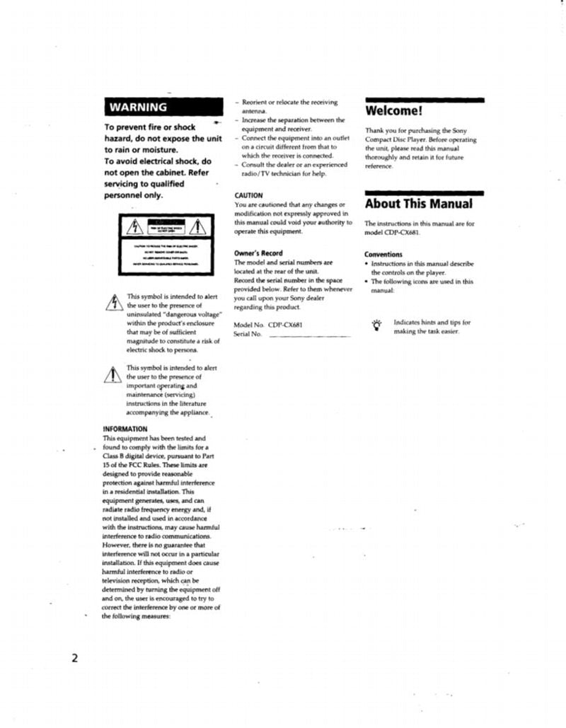 Sony CDPCX681 Audio/Video Receiver Operating Manual