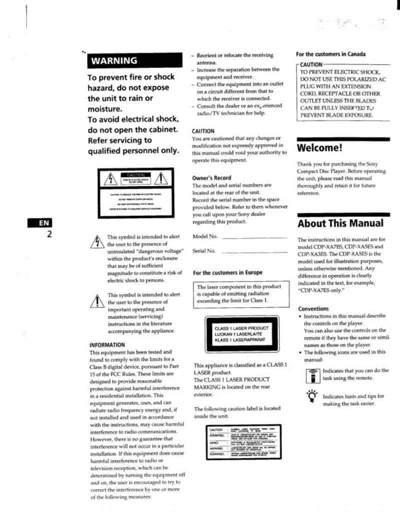 Sony CDPXA3ES CDPXA5ES CDPXA7ES Audio System Operating Manual