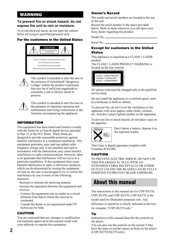 Sony CDPEX270 CDPEX370 CDPEX570 CD Player Operating Manual