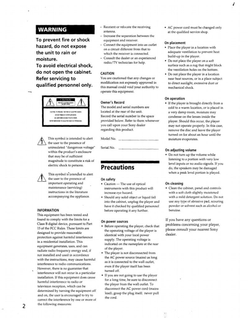 Sony CDPXE400 CDPXE500 CD Player Operating Manual