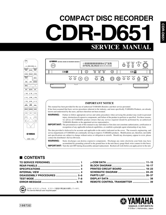 Yamaha CDR-D651 CD Player Service Manual (Pages: 36)