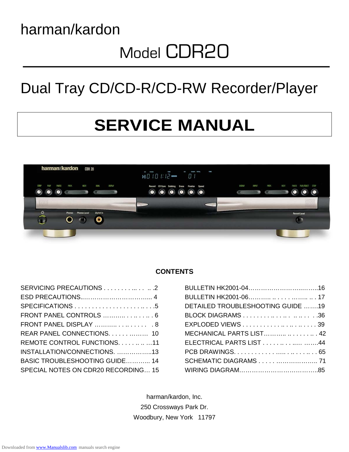 Harman/ Kardon CDR20 CD Player Service Manual (Pages: 85)