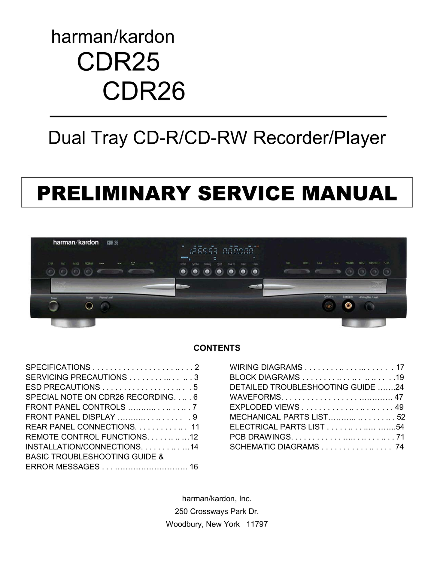 Harman/ Kardon CDR 25 & 26 Dual Tray CD Recorder/ Player Service Manual (Pages: 80)