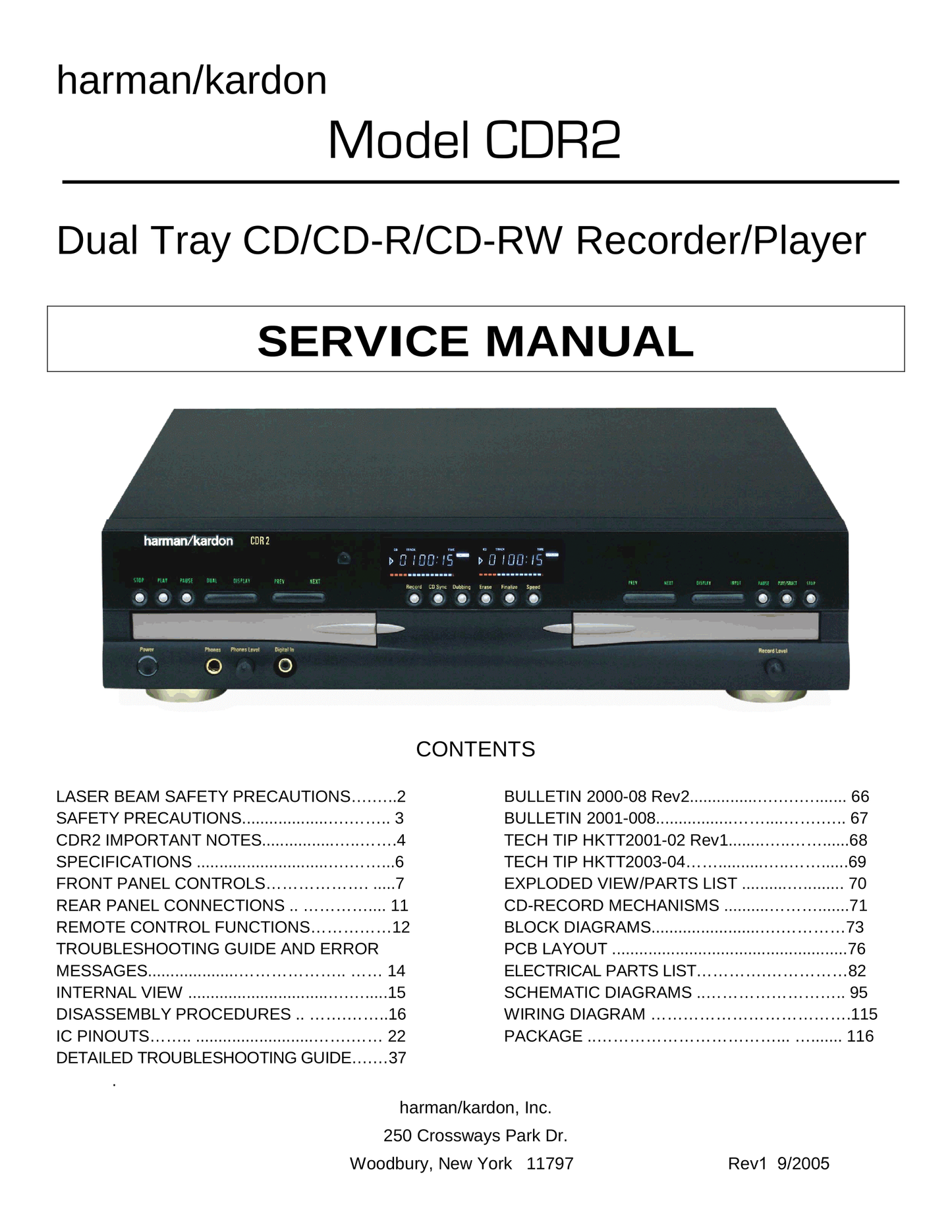 Harman/ Kardon CDR2 CD Player Service Manual (Pages: 116)