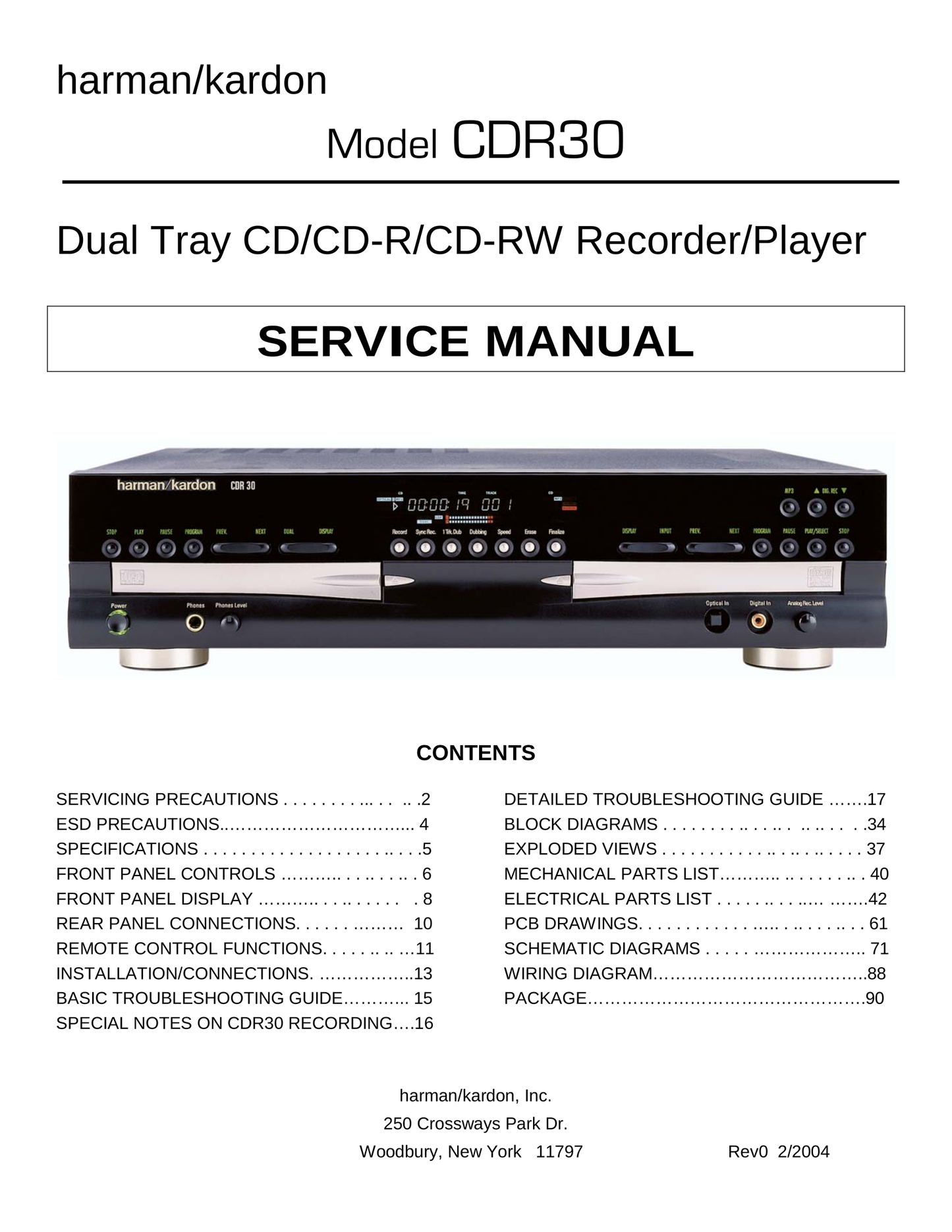 Harman/ Kardon CDR30 CD Player Service Manual (Pages: 90)