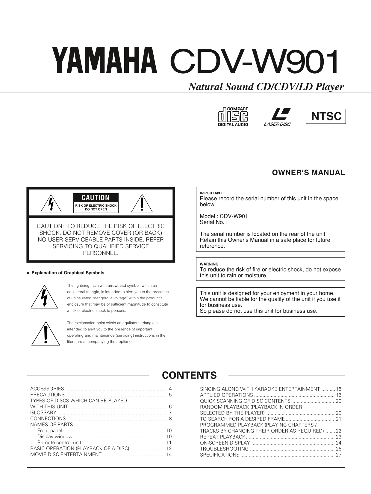 Yamaha CDV-W901 CD Player Owner's/ User Manual (Pages: 28)