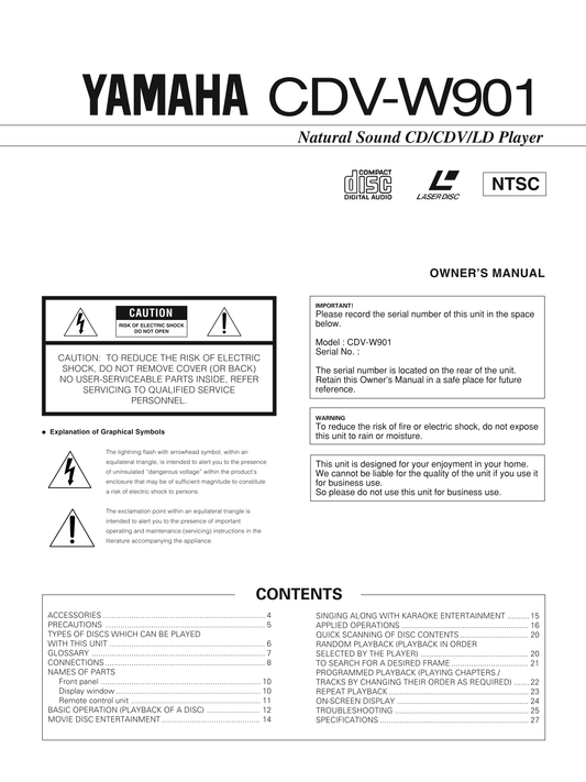 Yamaha CDV-W901 CD Player Owner's/ User Manual (Pages: 28)