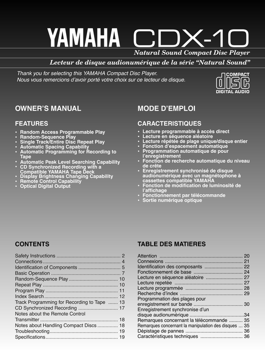 Yamaha CDX-10 CD Player Owner's/ User Manual (Pages: 20)